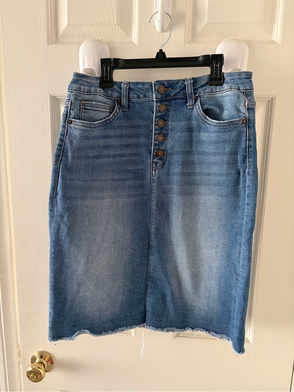Mica Classic High-Rise Blue Stretchy Denim Skirt with Button Front